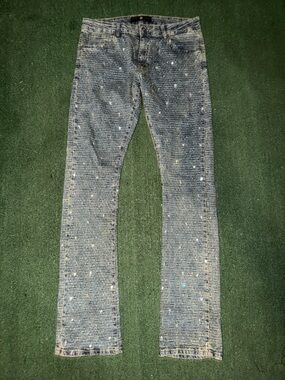 Men's Skinny Paint-Splatter Jeans in Washed Blue